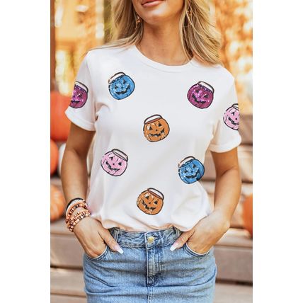 White Sequin Pumpkin Face Patched Crew Neck Holiday T Shirt