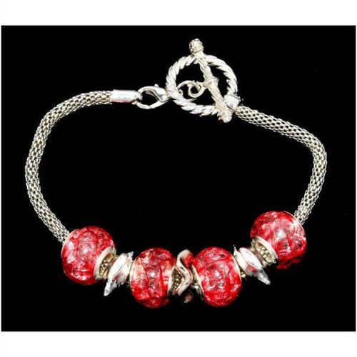 Sale Red Crackle European Bead Charm Silver Tone Bracelet Bangle Jewellery 1231