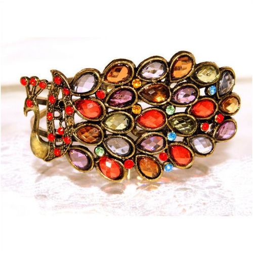 Retro Art Crystal Gem Peacock Bronze Bracelet Bangle Jewellery 937