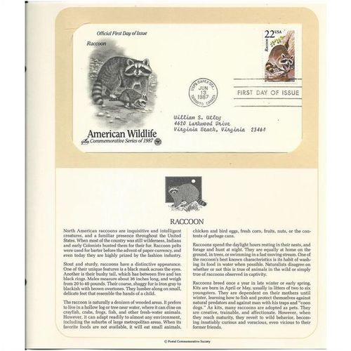 AMERICAN WILDLIFE ' OFFICIAL FIRST DAY of ISSUE ' RACCOON (1987)