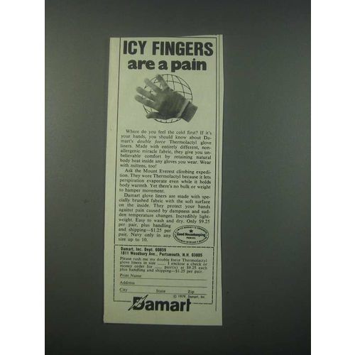 1979 Damart Thermolactyl Glove Liners Ad - Icy Fingers Are a Pain
