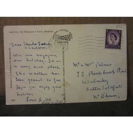NORTH HILL, THE PROMENADE AND BEACH, MINEHEAD, SOMERSET used postcard 1967 pm =