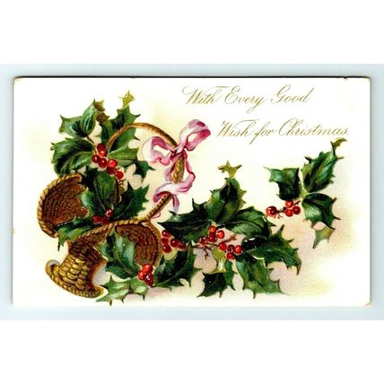 Vintage Raphael Tuck & Sons Christmas Basket Holly Postcard (A2)