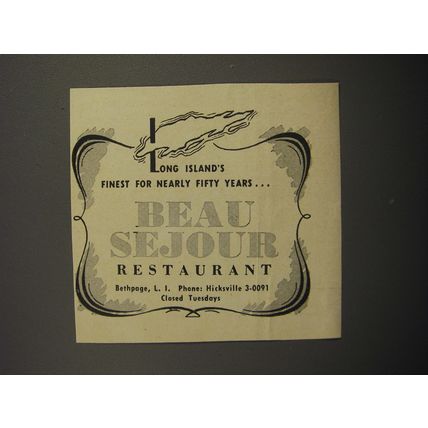 1951 Beau Sejour Restaurant Ad - Long Island's finest for nearly fifty years
