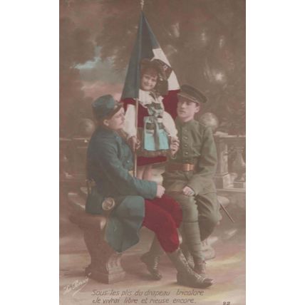 French Girl Child Raising Military Flag with Army Soldier Antique Postcard