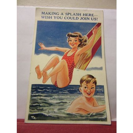 CHILDREN MAKING A SPLASH used postcard by sunshine comic 1960 pm