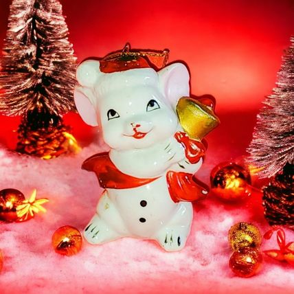 White Red 3" Mouse Figurine Holding a Goldtone Bell Christmas Ornament