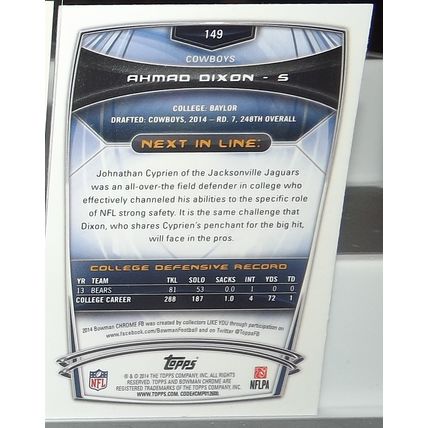 2014 Topps Bowman Chrome AHMAD DIXON (Cowboys) Rookie Card #149