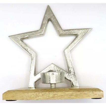 Silver Star Metal Tealight Holder on a Wooden Base 22 CM Gift Home Decor Votive