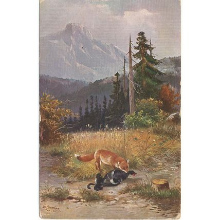 PC18254 Old Painting. Hunting Fox. T. S. N. serie 1643