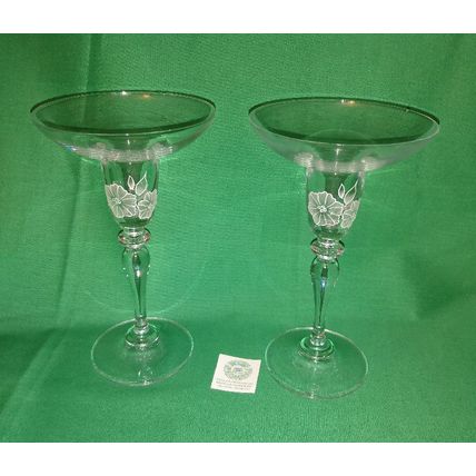 PAIR OF CLEAR GLASS CHAMPAGNE COUPE STYLE CANDLEHOLDERS w WHITE FLOWER DESIGN