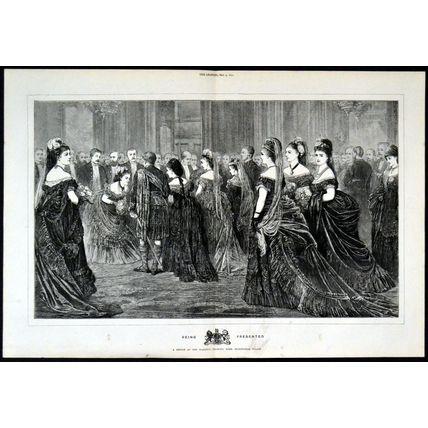 BEING PRESENTED - BUCKINGHAM PALACE 1872 VICTORIAN ENGRAVING