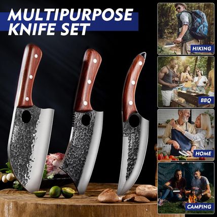 3PCS Butcher Knife Set, Hand Forged Serbian Chef Knives & Meat Cleaver & Viking