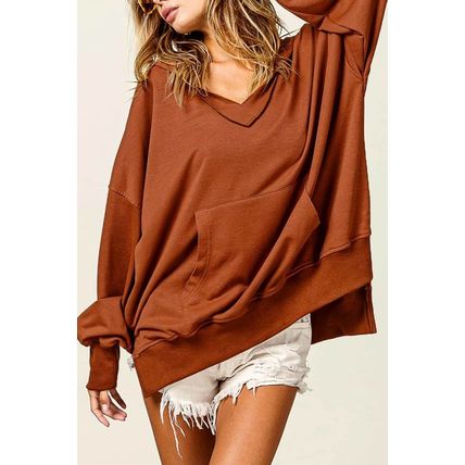 Chestnut V Neck Kangaroo Pocket Oversized Hoodie