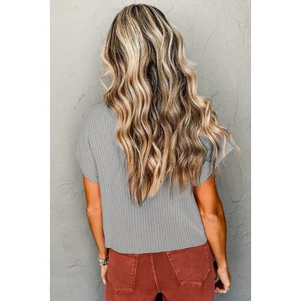 Gray Patch Pocket Ribbed Knit Short Sleeve Sweater
