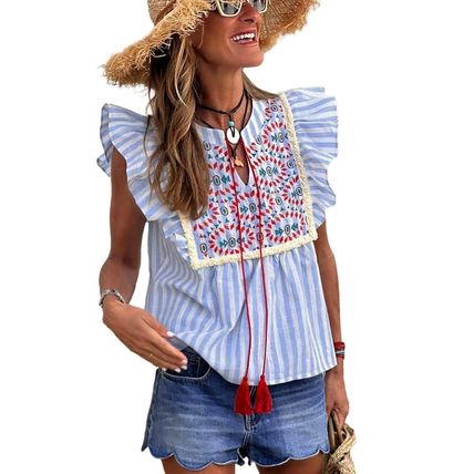 Sky Blue Stripe Geo Pattern Embroidered Tassel Flutter Blouse