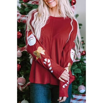 Red Sequined Christmas Favor Sleeve Casual Pullover