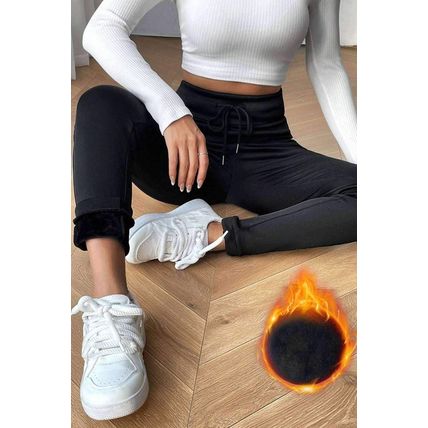 Black Solid Drawstring Waist Thermal Lined Leggings