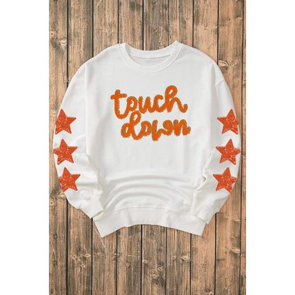Beige Glittering Touch Down Patched Pattern Star Sleeve Sweatshirt
