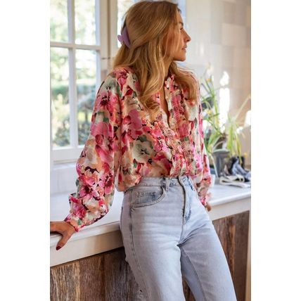 Red Floral Print Ruffled Stitch Buttoned Loose Fit Shirt