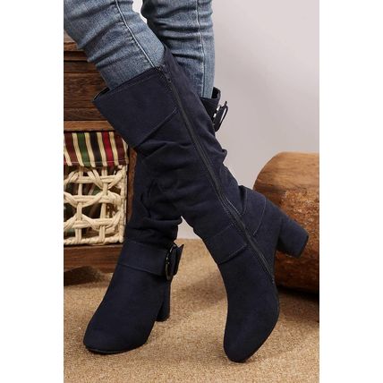 Navy Blue Suede Double Buckled Side Zipped Mid-calf Boots