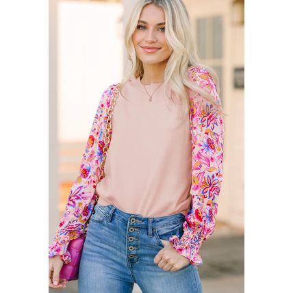 Oatmeal Floral Printed Patchwork Smocked Lantern Sleeve Knit Top