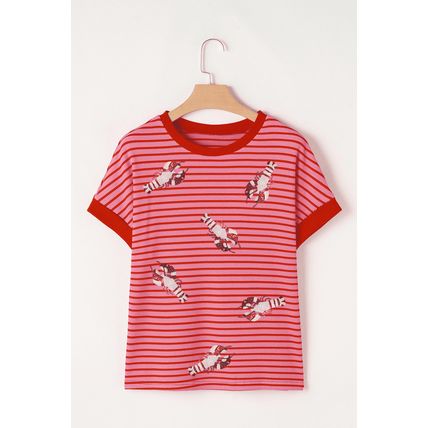 Pink Stripe Sequin Crawfish Crewneck T Shirt
