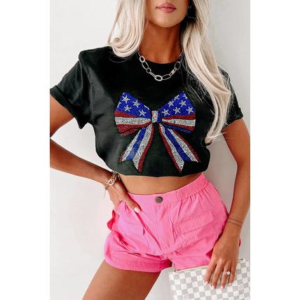 Black Rhinestone Stars and Stripes Bow Graphic Independence Day T Shirt
