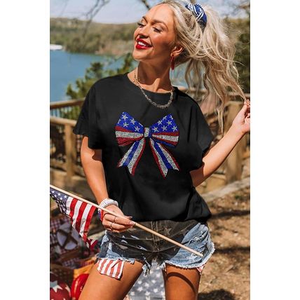 Black Rhinestone Stars and Stripes Bow Graphic Independence Day T Shirt