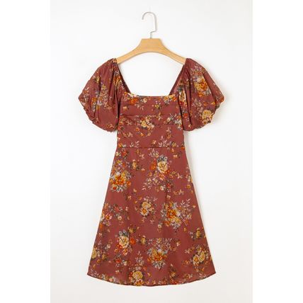 Red Floral Puff Sleeve Square Neck Knot Open Back Mini Dress