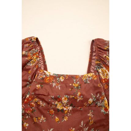 Red Floral Puff Sleeve Square Neck Knot Open Back Mini Dress