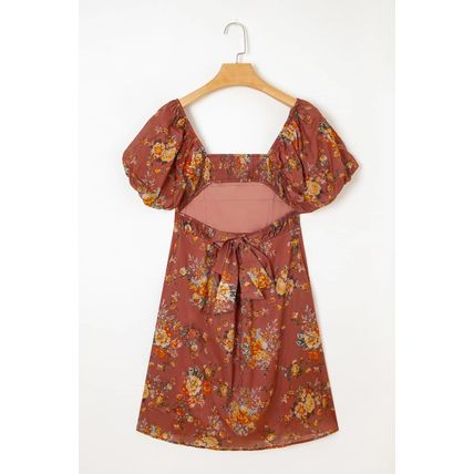 Red Floral Puff Sleeve Square Neck Knot Open Back Mini Dress