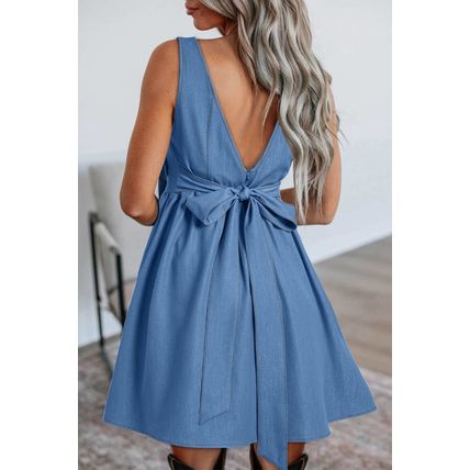 Myosotis Square Neck Pleated Waist V Cut Backless Tied Fit and Flare Dress