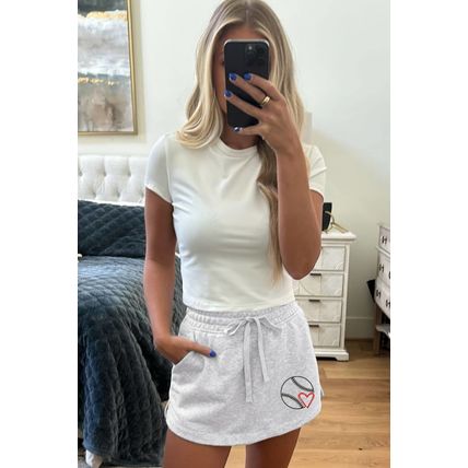 Light Grey Baseball Heart Embroidery French Terry Skort
