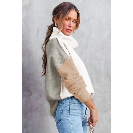 White Color Block Turtle Neck Drop Shoulder Knit Sweater