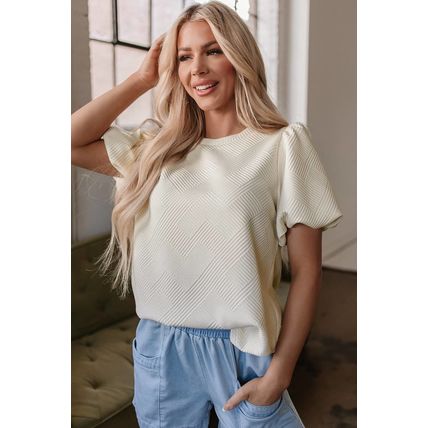 Oatmeal Textured Puff Sleeve T-shirt