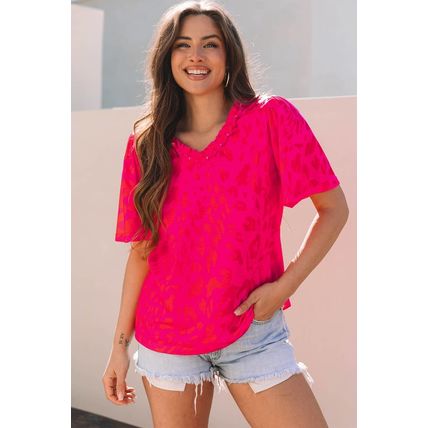 Rose Leopard Frilly V Neck Short Sleeve Blouse