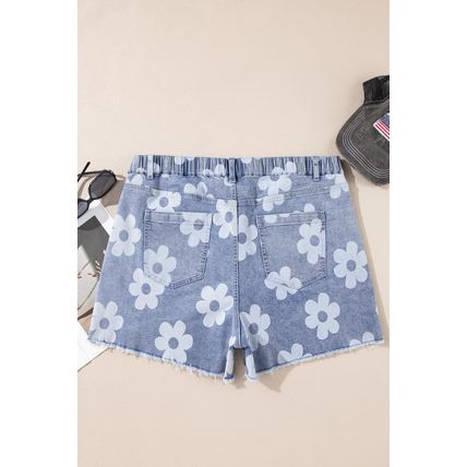 Ashleigh Blue Floral Pattern High Waist Raw Hem Plus Size Denim Shorts