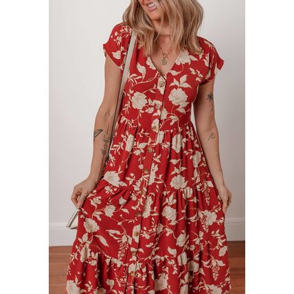 Red Floral Print Buttoned Front V Neck Tiered Short Sleeve Midi Dress