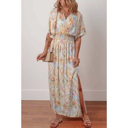 Multicolour Geometric Print Half Sleeve Shirred High Waist Maxi Dress