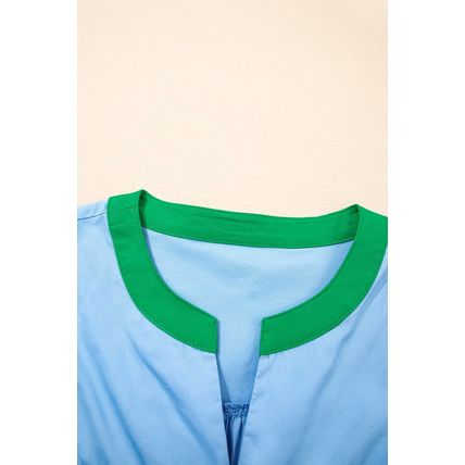 Mist Blue Contrast Notched Neck Frilly Detail Short Sleeve Blouse