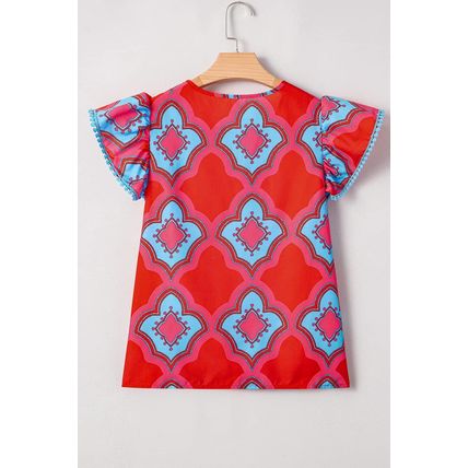 Red Abstract Floral Print Trimmed Flutter Sleeve Blouse