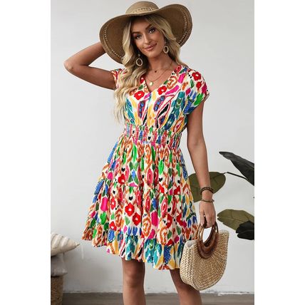 Sky Blue Abstract Print V Neck Dolman Sleeve Ruffle Tiered Mini Dress