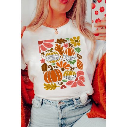 White Pumpkin Flower Print Fall Graphic Cotton Blend Tee