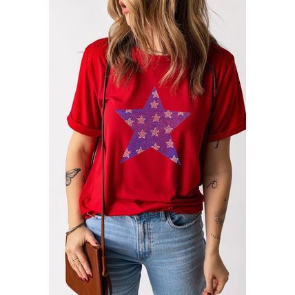 Red Rhinestone Star Pattern Independent Day T Shirt