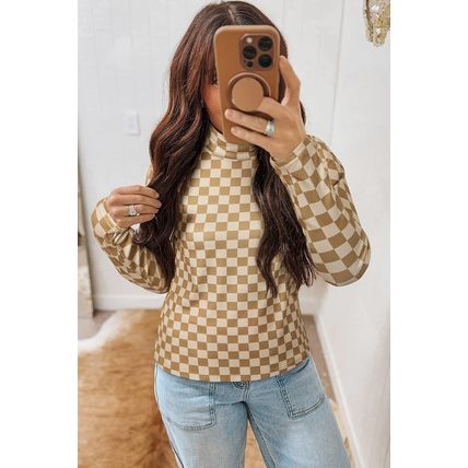 Khaki Check Pattern Turtleneck Ribbed Slim Long Sleeve Tee