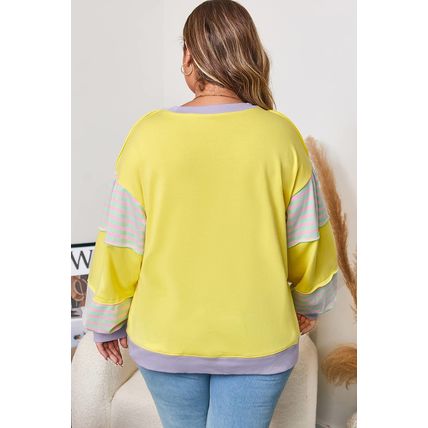 Yellow Striped Color Block Patchwork Crewneck Plus Size Pullover Sweatshirt