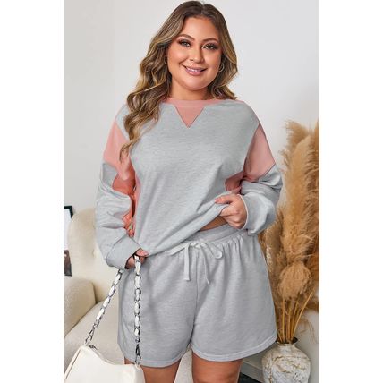 Light Grey Uneven Hem Colorblock Pullover Casual Shorts Plus Size 2pcs Outfit