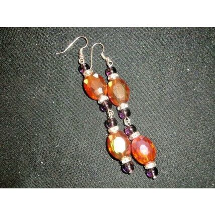 Fabulous faceted oval orange & purple crystal glass long swing earring