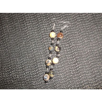 Unique multi faceted mixed round fire agate bead long drop earrings different